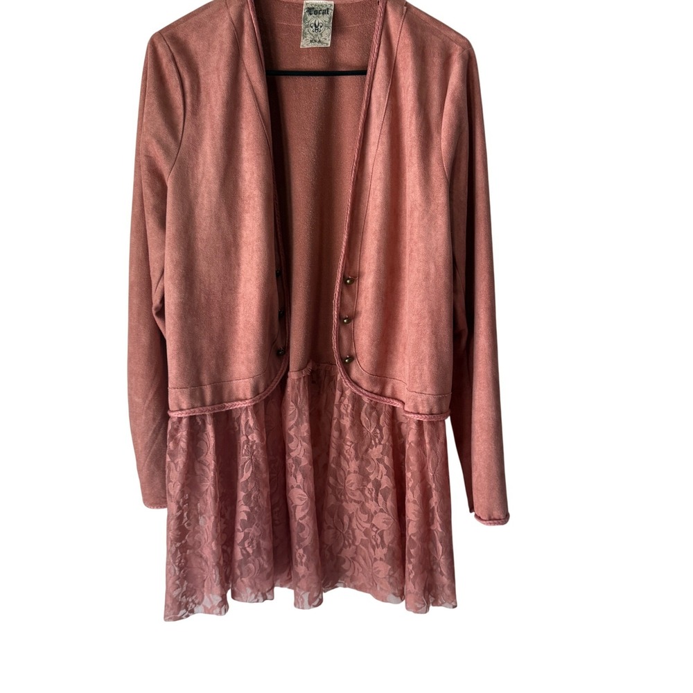 Vocal USA Rose Faux Suede Lace Trim Long Slv Open Front Cardigan Western Boho